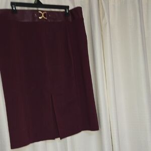 Marc New York Burgundy Pencil Skirt with Front Slit and Gold Accent